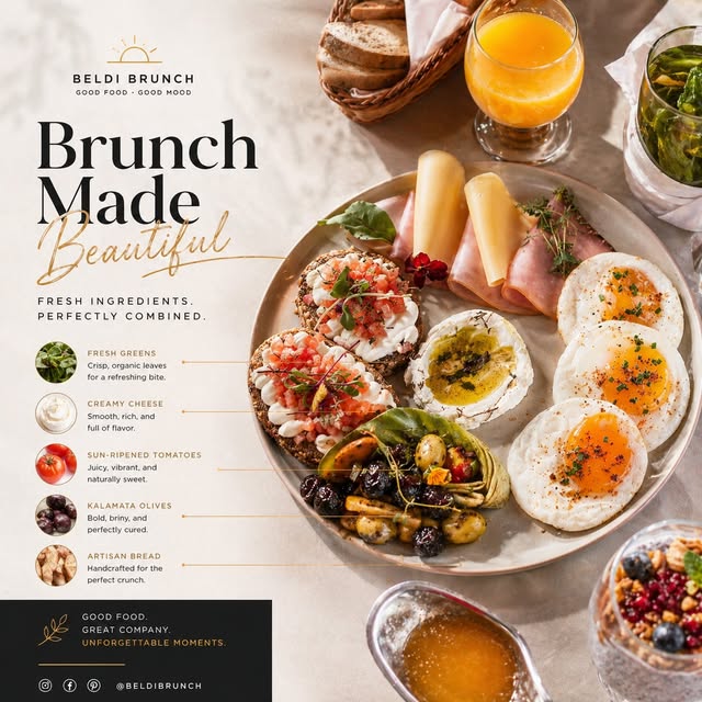 Assiette brunch : œufs au plat, tartines tomate, fromage, olives, jus d'orange